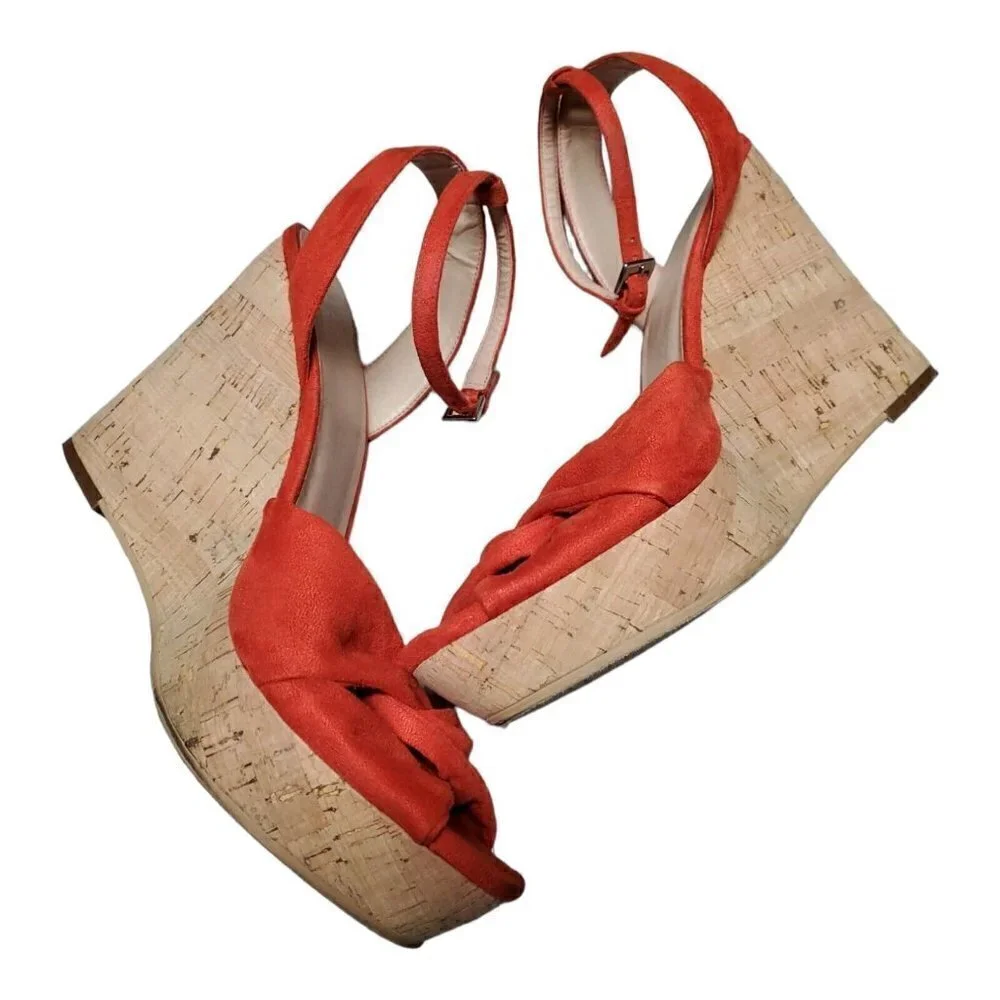 BP Women's Faux Suede Ankle Strap Orange Cork Wedge Heels Open Toe Shoes Sz 10M